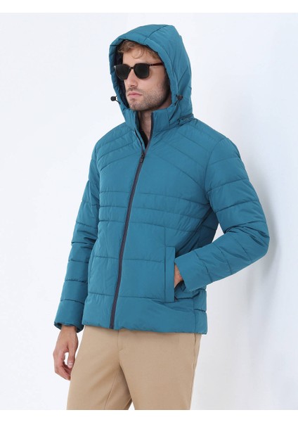 Petrol Regular Fit Kapüşonlu Casual Dokuma Mont