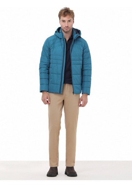 Petrol Regular Fit Kapüşonlu Casual Dokuma Mont