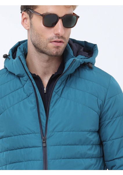 Petrol Regular Fit Kapüşonlu Casual Dokuma Mont