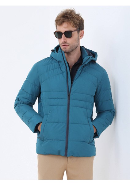 Petrol Regular Fit Kapüşonlu Casual Dokuma Mont