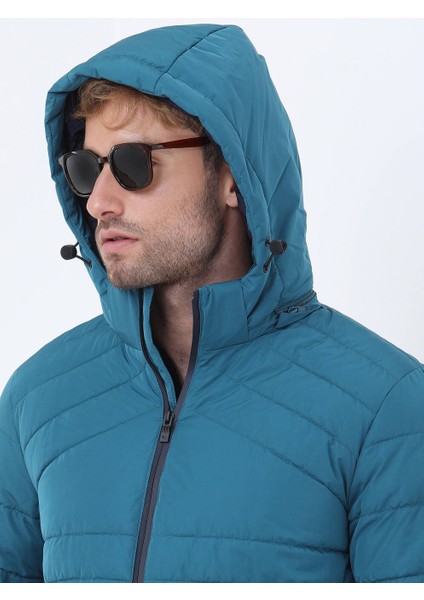 Petrol Regular Fit Kapüşonlu Casual Dokuma Mont