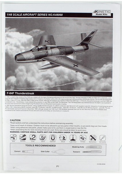 K48068 1/48 Ölçek, F-84F Thunderstreak (Avrupa Versiyonu) Savaş Uçağı, Plastik Model Kiti modelleri