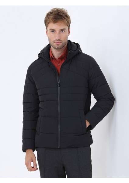 Siyah Regular Fit Kapüşonlu Casual Dokuma Mont