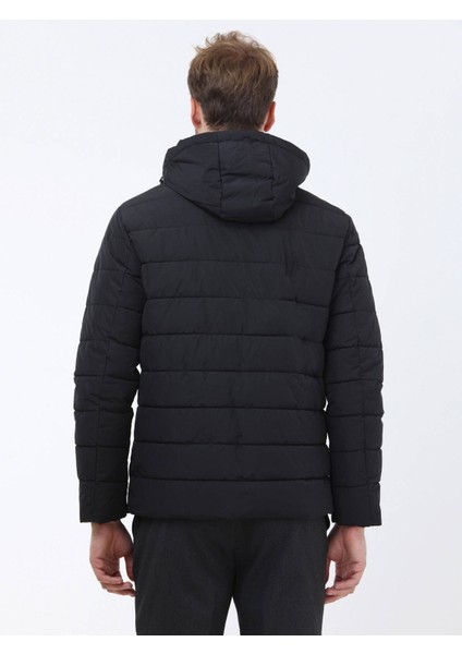 Siyah Regular Fit Kapüşonlu Casual Dokuma Mont