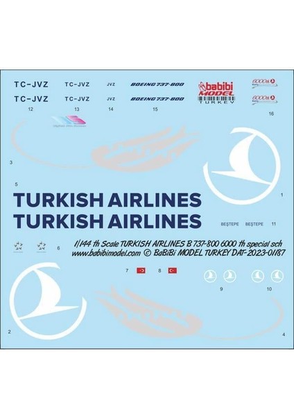 DAT-01187 1/144 Ölçek, Türk Hava Yolları Boeing 737-800 6000 Yolcu Uçakları, Dekal Çıkartma modelleri