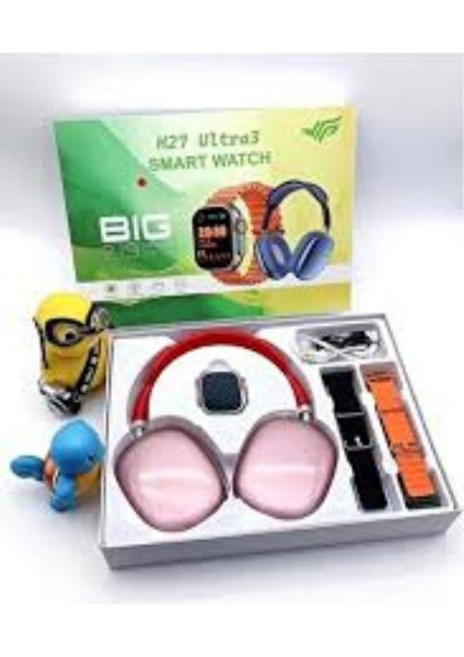 H27 Ultra Akıllı Saat Seti – Kulak Üstü Bluetooth Kulaklık + 3 Kordonlu Premium modelleri