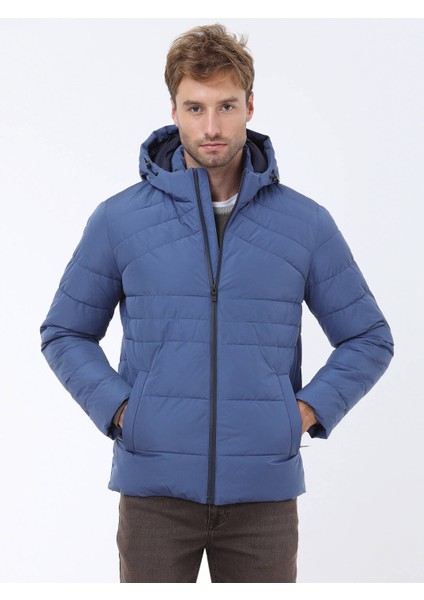 İndigo Regular Fit Kapüşonlu Casual Dokuma Mont