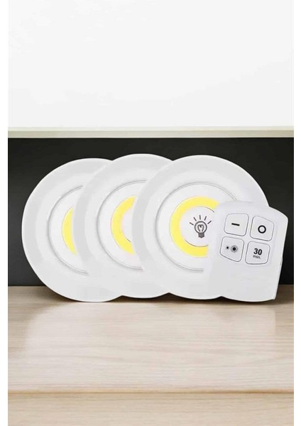 Spot Lamba LED Işık 3'lü Uzaktan Kumandalı Pilli Yapışkanlı Kablosuz