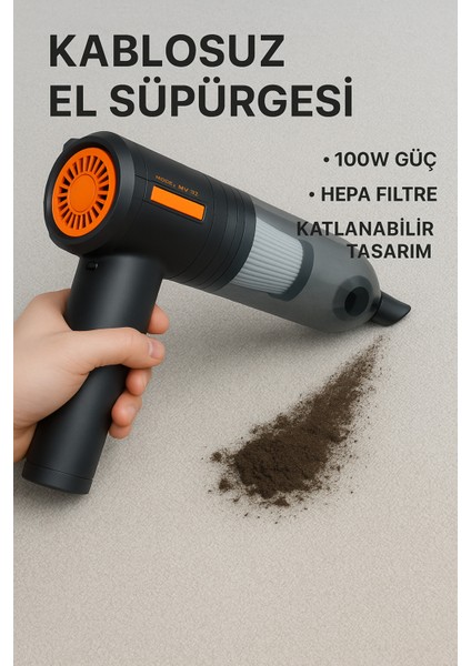 Güçlü Kablosuz Araç Içi El Süpürgesi, Hepa Filtre ve Üfleme Özelliği