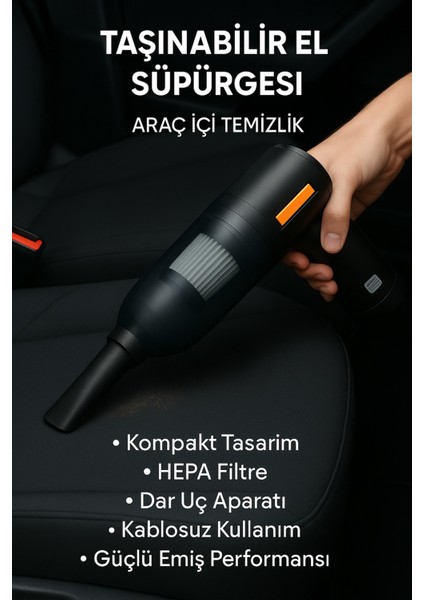 Güçlü Kablosuz Araç Içi El Süpürgesi, Hepa Filtre ve Üfleme Özelliği