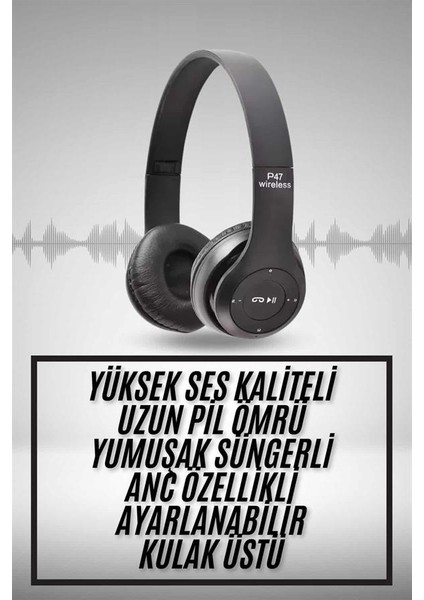 Kulak Üstü Bluetooth Kulaklık Yüksek Ses Kaliteli Ayarlanabilir