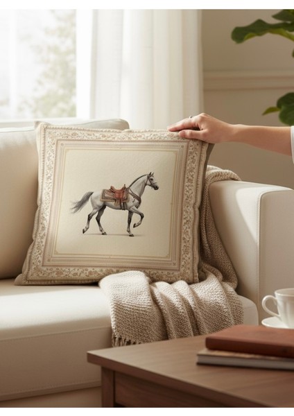 Dekoratif Çerçeveli At Desenli Dolgulu Yastık Hediye Pamuk Kırlent Minder 43X43 cm