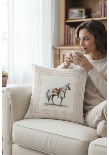 Dekoratif Çerçeveli At Desenli Dolgulu Yastık Hediye Pamuk Kırlent Minder 43X43 cm