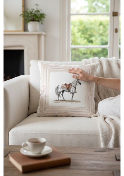 Dekoratif Çerçeveli At Desenli Dolgulu Yastık Hediye Pamuk Kırlent Minder 43X43 cm fiyatları