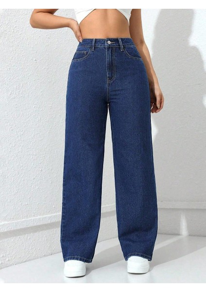 Kadın Baggy Fit Yüksek Bel Denim Jean Yıkamalı Pantolon