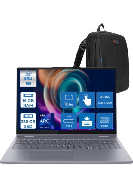 Ideapad 5 2-In-1 16AIL10 Intel Core Ultra 7 255H Aı 16GB 256GB SSD 16" Wuxga IPS 300NITS Intel® Arc™ 140T Freedos Dokunmatik +Digital Pen2 Taşınabilir Bil 83KS002ATRF01+ZETTAÇANTA
