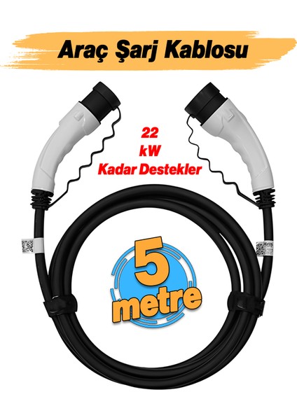 (5 Metre) Araç Şarj Kablosu 22 Kw 3 Faz Type-2 Soket Elektrikli Çift Taraflı Soketli Tak Çıkart
