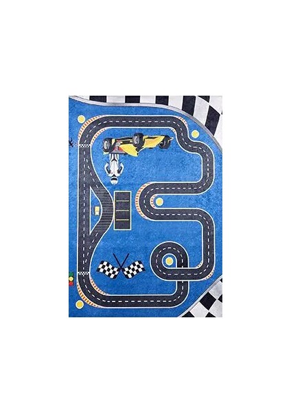 Bregenz Figürlü Mavi Pamuk ve Polyester Kaydırmaz Taban Dijital Baskı Çocuk Halısı