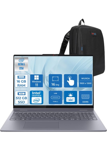 Ideapad 5 2-In-1 16AIL10 Intel Core Ultra 5 225U Aı 16GB 512GB SSD 16" Wuxga IPS 300NITS WIN11PRO Dokunmatik +Lenovo® Digital Pen2 Bilgisayarr 83KS0005TRP02+ZETTAÇANTA