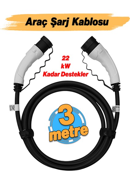 (3 Metre) Araç Şarj Kablosu 22 Kw 3 Faz Type-2 Soket Elektrikli Çift Taraflı Soketli Tak Çıkart