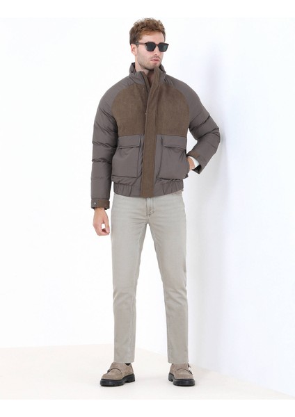Açık Kahve Regular Fit Dik Yaka Casual Dokuma Mont