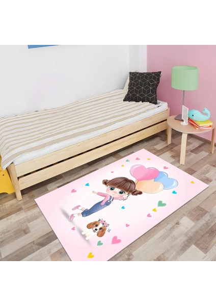 Hinwil Figürlü Pembe Pamuk ve Polyester Kaydırmaz Tabanlı Dijital Baskı Çocuk Halısı fırsatları