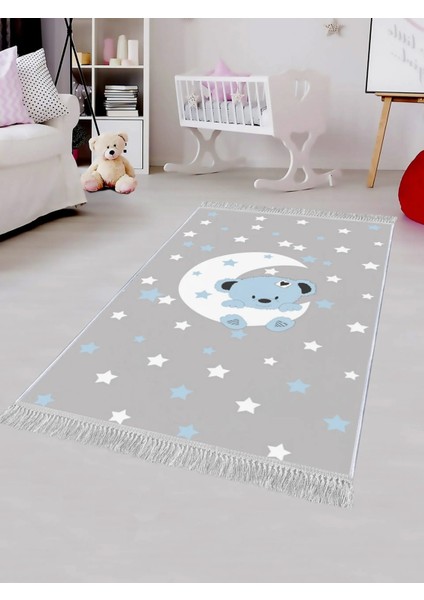 Wald Figürlü Gri Pamuk ve Polyester Kaydırmaz Tabanlı Dijital Baskı Çocuk Halısı fırsatları