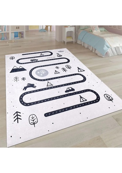 Bern Figürlü Gri Pamuk ve Polyester Kaydırmaz Taban Dijital Baskı Çocuk Halısı modelleri