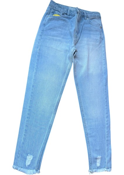 Kız Çocuk Pantolonu Mavi Kot Jeans Paçası Püsküllü Yırtık Detay