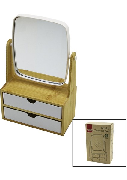 2 Çekmeceli Bambu Ahşap STANDLI=9X9.9X17.8X21.5CM Makyaj AYNASI=15X18CM Takılık 1+1 Organizer (4989)