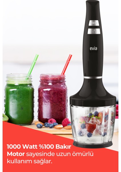 Güçlü 1500W Sessiz 3'ü Birlikte Doğrayıcı ve Karıştırıcı Blender Seti Siyah