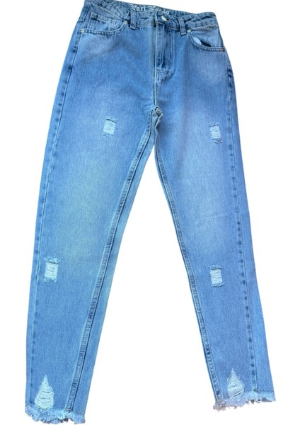 Kız Çocuk Pantolonu Mavi Kot Jeans Paçası Püsküllü Yırtık Detay