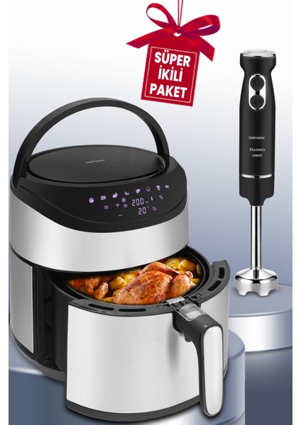Set Paketi: Dokunmatik Airfryer, Sıcak Hava Fritözü ve Paslanmaz Çelik El Blender