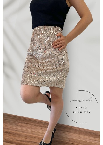 Pullu & Astarlı Pullu Mini Etek - 47 cm Uzunlukta Abiye Etek Likralı & Esnek Etek Vizon