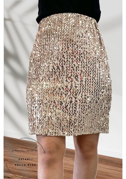 Pullu & Astarlı Pullu Mini Etek - 47 cm Uzunlukta Abiye Etek Likralı & Esnek Etek Vizon fiyatları