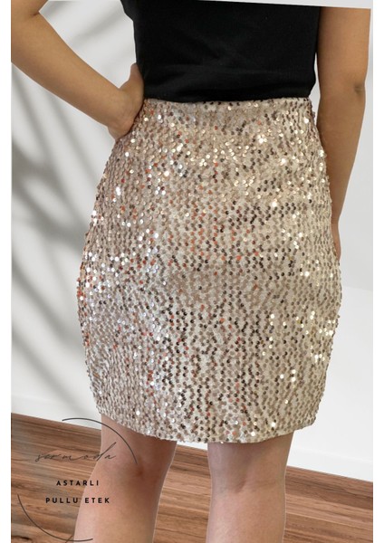 Pullu & Astarlı Pullu Mini Etek - 47 cm Uzunlukta Abiye Etek Likralı & Esnek Etek Vizon modelleri