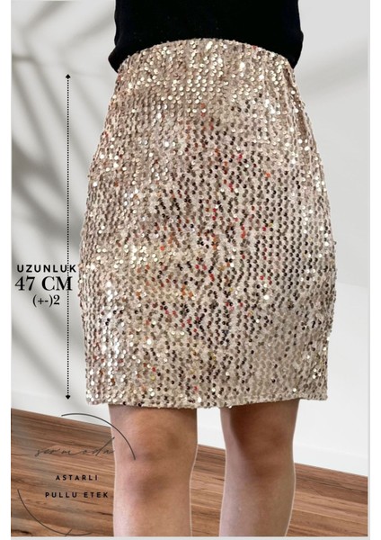 Pullu & Astarlı Pullu Mini Etek - 47 cm Uzunlukta Abiye Etek Likralı & Esnek Etek Vizon indirimleri