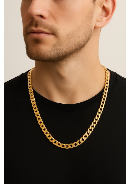 Altın Renk Cuban Kalın Unisex Erkek Metal Çelik Zincir Çelik Kolye - 3333