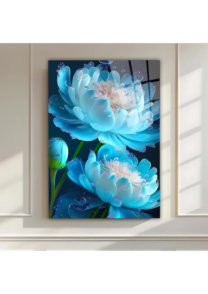 Mavi Lotus Cam Tablo – Modern Dijital Baskı Ev Duvar Dekorasyonu, Salon Ofis Için Dekoratif Çiçek Tablo