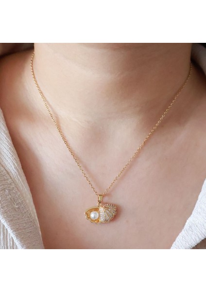 Altın Renk Deniz Kabuğu Inci Detaylı Minimal Zirkon Taşlı Zincir Paslanmaz Çelik Kolye - 3391 fiyatları