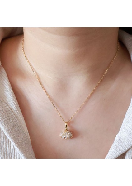 Altın Renk Deniz Kabuğu Inci Detaylı Minimal Zirkon Taşlı Zincir Paslanmaz Çelik Kolye - 3391 modelleri