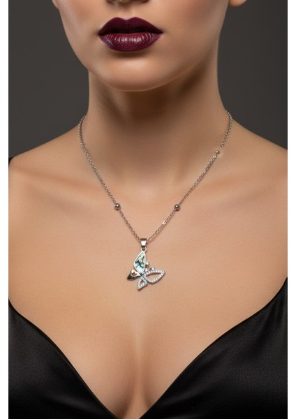 Gümüş Renk Kelebek Sedefli Model Top Zincir Çelik Kolye - 3784