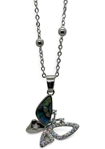 Gümüş Renk Kelebek Sedefli Model Top Zincir Çelik Kolye - 3784 fiyatları