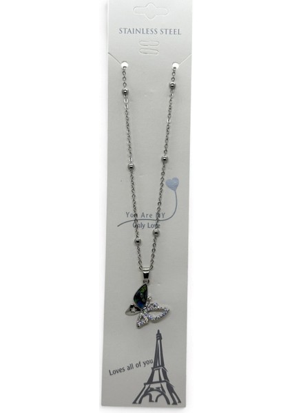 Gümüş Renk Kelebek Sedefli Model Top Zincir Çelik Kolye - 3784 modelleri