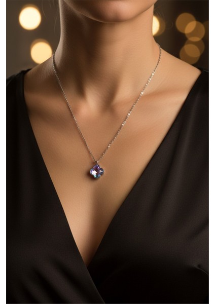 Gümüş Renk Morumsu Taş Beş Yapraklı Stilize Çiçek Model Sf Zincir Çelik Kolye - 3795