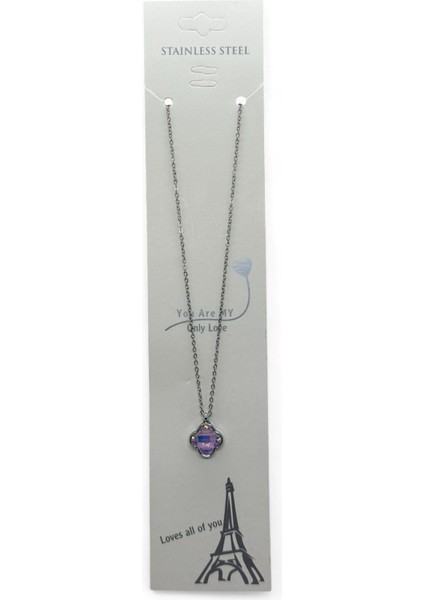 Gümüş Renk Morumsu Taş Beş Yapraklı Stilize Çiçek Model Sf Zincir Çelik Kolye - 3795 modelleri