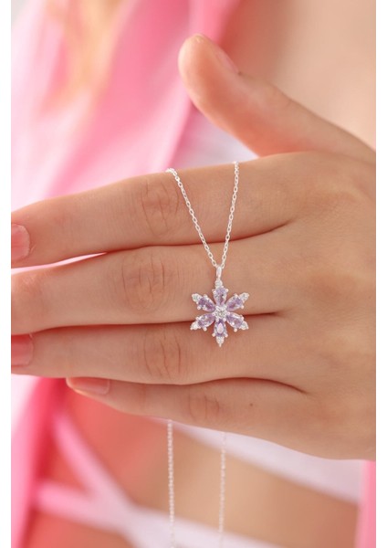 Gümüş Renk Lila Damla Taşlı Lotus Kamelya Çiçeği Çelik Kolye - 3416