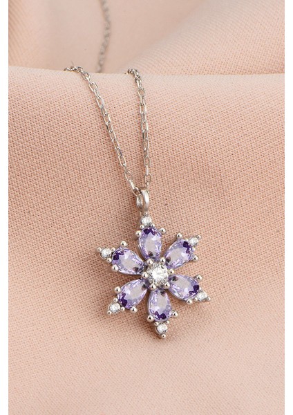Gümüş Renk Lila Damla Taşlı Lotus Kamelya Çiçeği Çelik Kolye - 3416 fiyatları