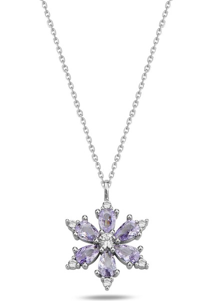 Gümüş Renk Lila Damla Taşlı Lotus Kamelya Çiçeği Çelik Kolye - 3416 modelleri