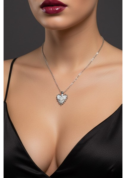 Gümüş Renk Beyaz Sedef Kalp Kutup Yıldızı Model Sf Zincir Çelik Kolye- 3772